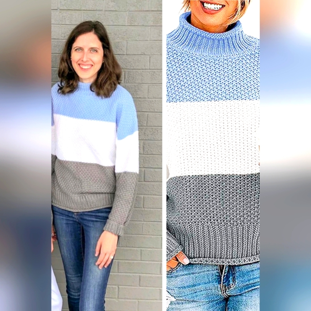 ZESICA Women’s Medium Color Block Knit Sweater Blue White Green Mock Neck